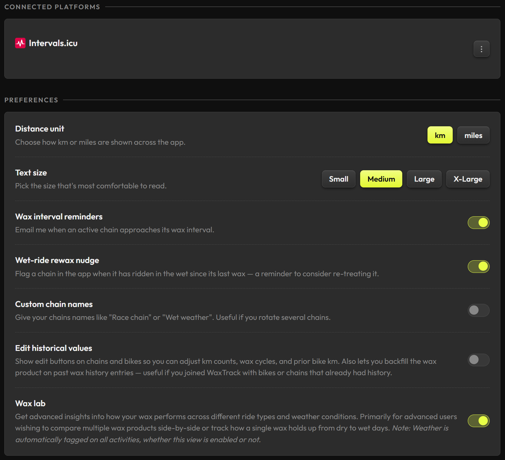 WaxTrack — connected platform and preferences